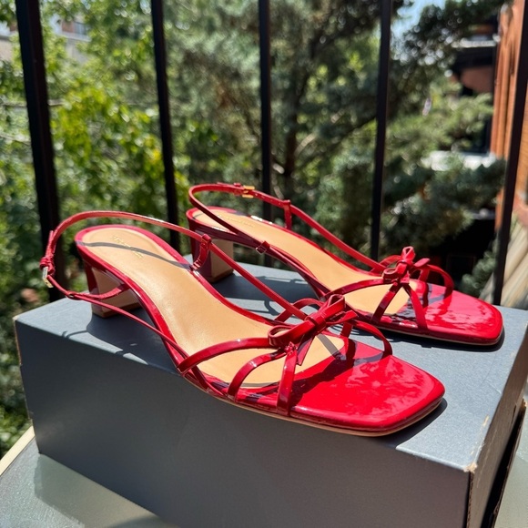 New Reformation Sally Bow Heeled Sandal Mule Shoes Red Scarlet Patent 9.5 - Picture 4 of 15